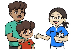 An illustration of a young boy with his father talking to a member of support services