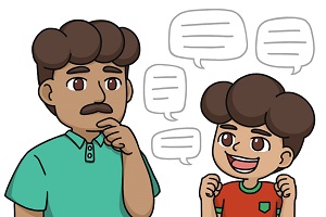 An illustration of a young boy talking with his father thinking 