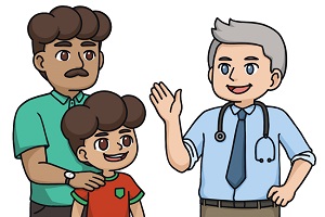 An illustration of a young boy and his father talking to a general practitioner
