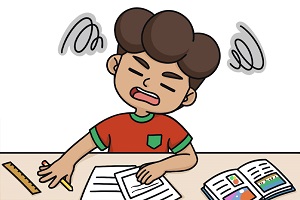 An illustration of a young boy working at a desk looking anxious and upset