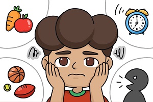 An illustration of a young boy surrounded by worried thoughts of sport, food, time and someone shouting