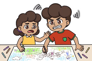 An illustration of a young boy arguing with his sibling whilst colouring in