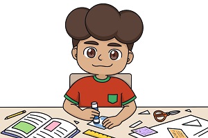 An illustration of a young boy smiling and colouring in