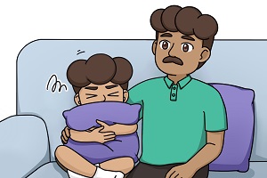 An illustration of a young boy upset on a sofa with a parent