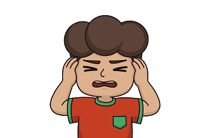 An illustration of a young boy upset and covering his ears with his hands