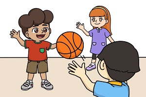 An illustration of a young boy smiling and playing with his friends