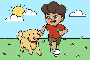 An illustration of a young boy smiling and playing with his dog with sunny background