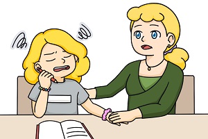 An illustration of a young girl looking upset with her mum