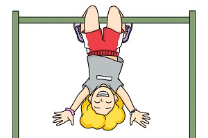 An illustration of a girl hanging upside down on a monkey bar smiling