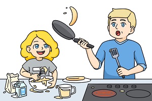 An illustration of a young girl cooking with her dad