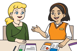 An illustration of a girls mum talking to a teacher