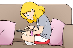 An illustration of a girl sitting on a sofa looking at a screen