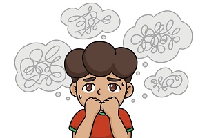 An illustration of a young boy surrounded by thought bubbles looking stressed or concerned