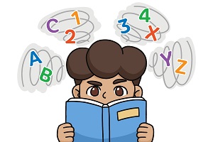An illustration of a young boy surrounded by numbers and letters thought bubbles 