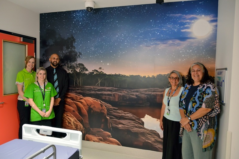 A group of CAHS staff stand in front of one of the Australiana-themed murals installed in the PCH Sleep Disorders Unit, in response to consumer feedback the rooms were cold and uninviting