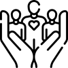 A black line illustration of a pair of hands, containing three gender neutral people, to represent a family unit, with a heart at the centre