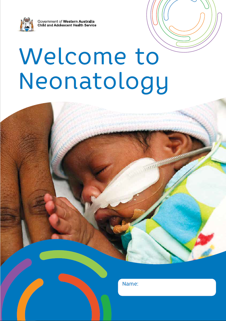The cover image of the CAHS Welcome to Neonatology booklet, showing a very small premature baby holding an adult hand