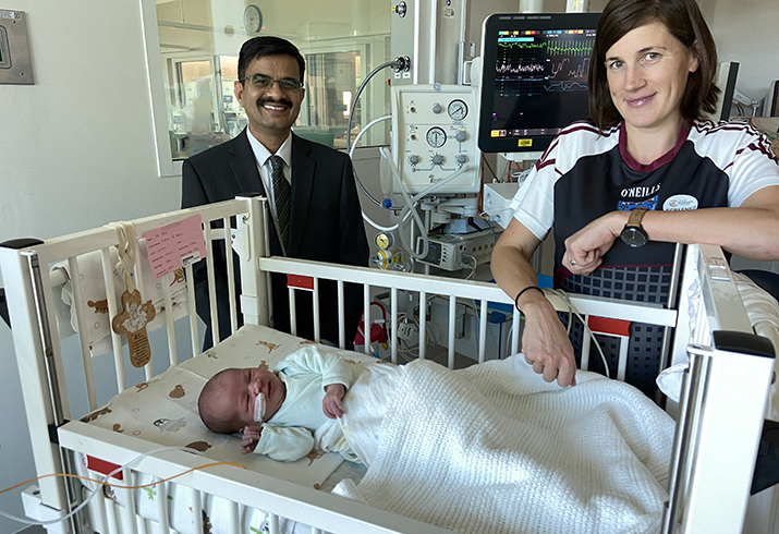 Dr Shripada Rao (pictured left) with Fiona Reale and her baby daughter Hali who was recovering from surgery in the Perth Children’s Hospital Neonatal Intensive Care Unit