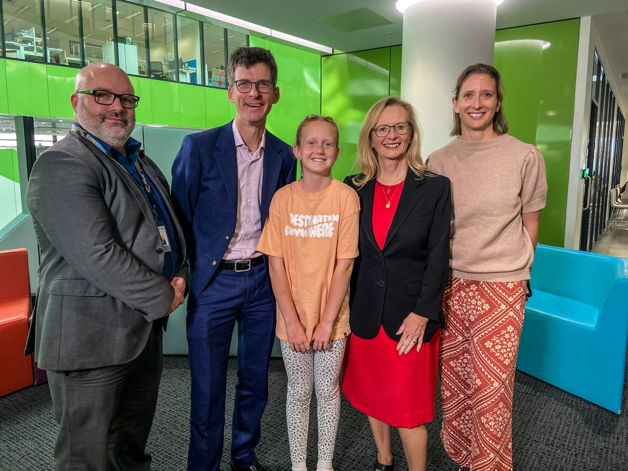CAHS A/CE Michael Hutchings, Professor Chris Blyth, Director General Dr Shirley Bowen with Elsie and her mum.