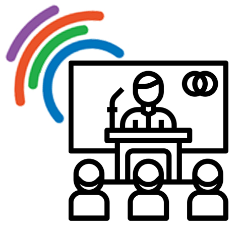 Icon of people watching a person standing at a lecturn giving a lecture in front of a presentation screen.
