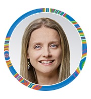 Colourful logo with presenter Helga Mikkelsen profile pic