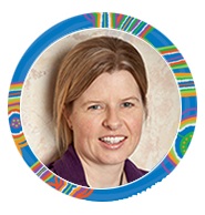A circular profile photo of Dr Tamika Heiden on colourful semi-arcs.