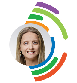Colourful logo with presenter Helga Mikkelsen profile pic