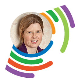 A circular profile photo of Dr Tamika Heiden on colourful semi-arcs.