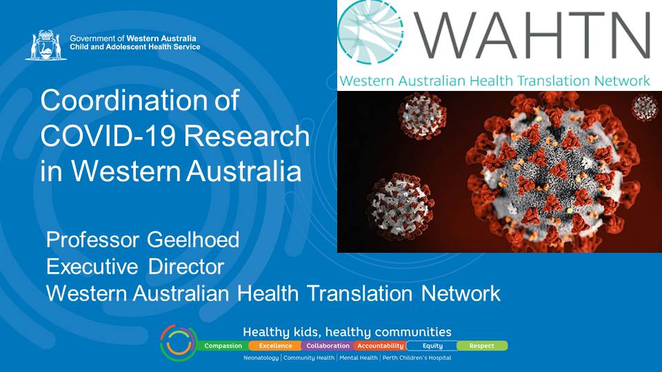 Promotional image for "Coordination of COVID-19 Research in Western Australia" seminar, presented by Dr Gary Geelhoed